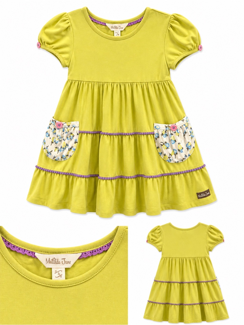 Matilda Jane Lime Green Tiered Lap Dress Floral Pockets - size 4